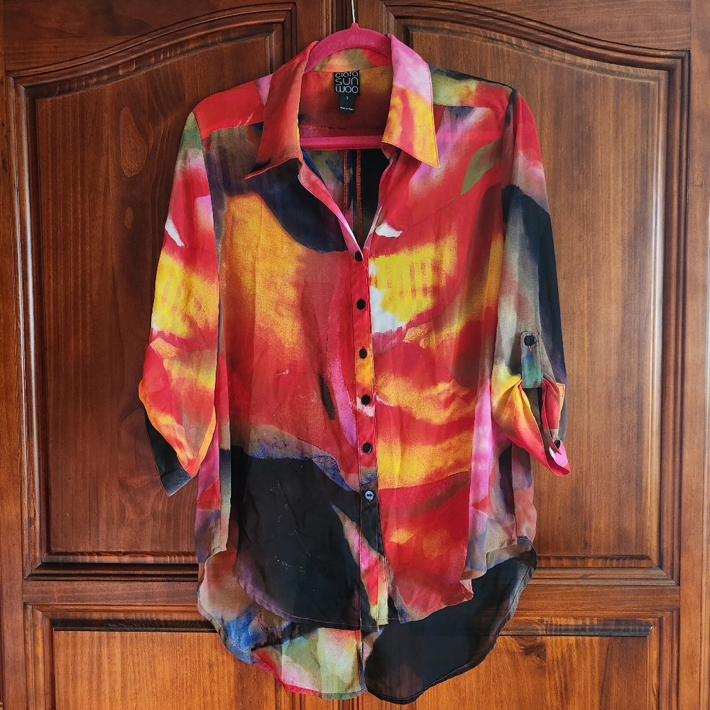Clara Sun Woo Vibrant Watercolor Button-Up Blouse in Red, Yellow, Black